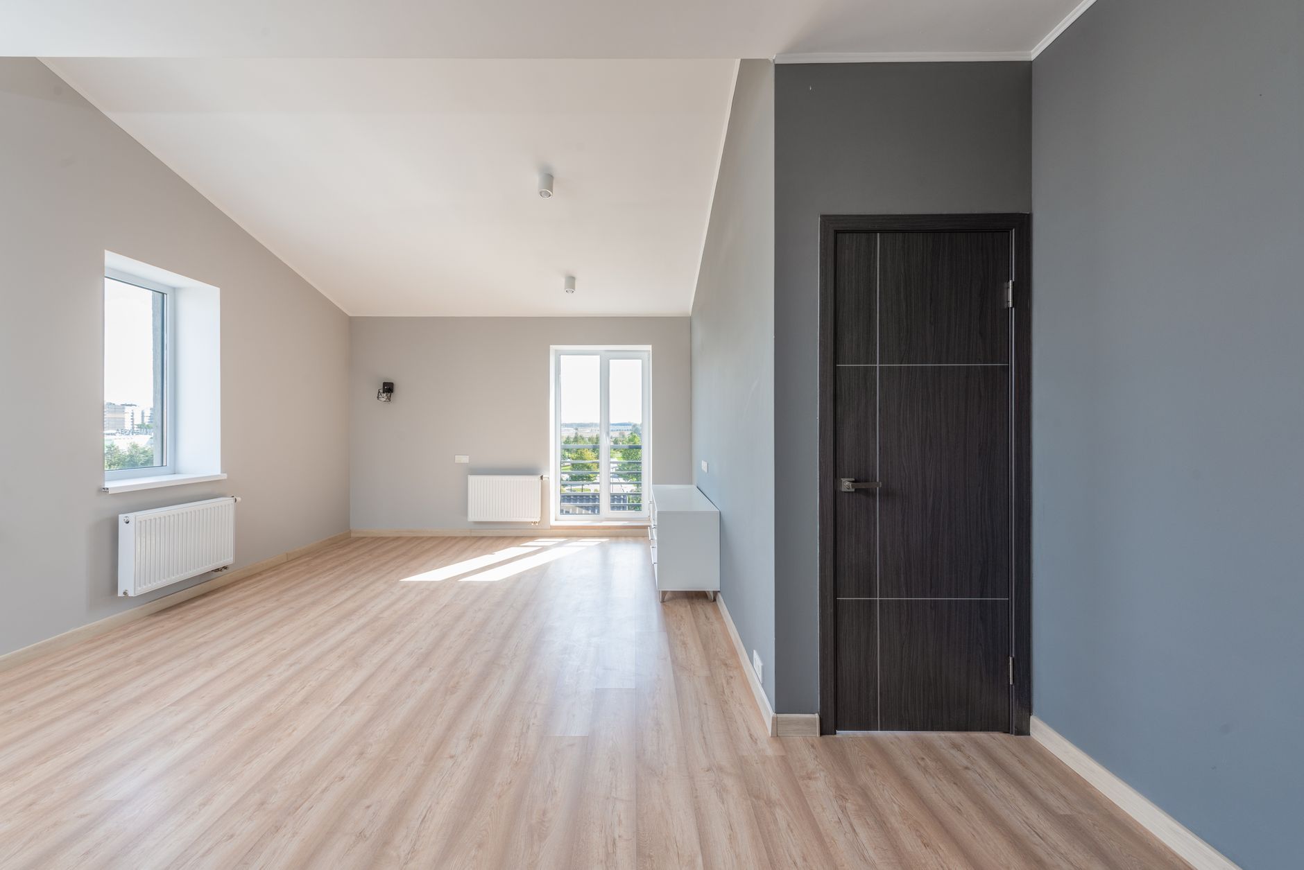 Pièce lumineuse avec parquet et grandes fenêtres